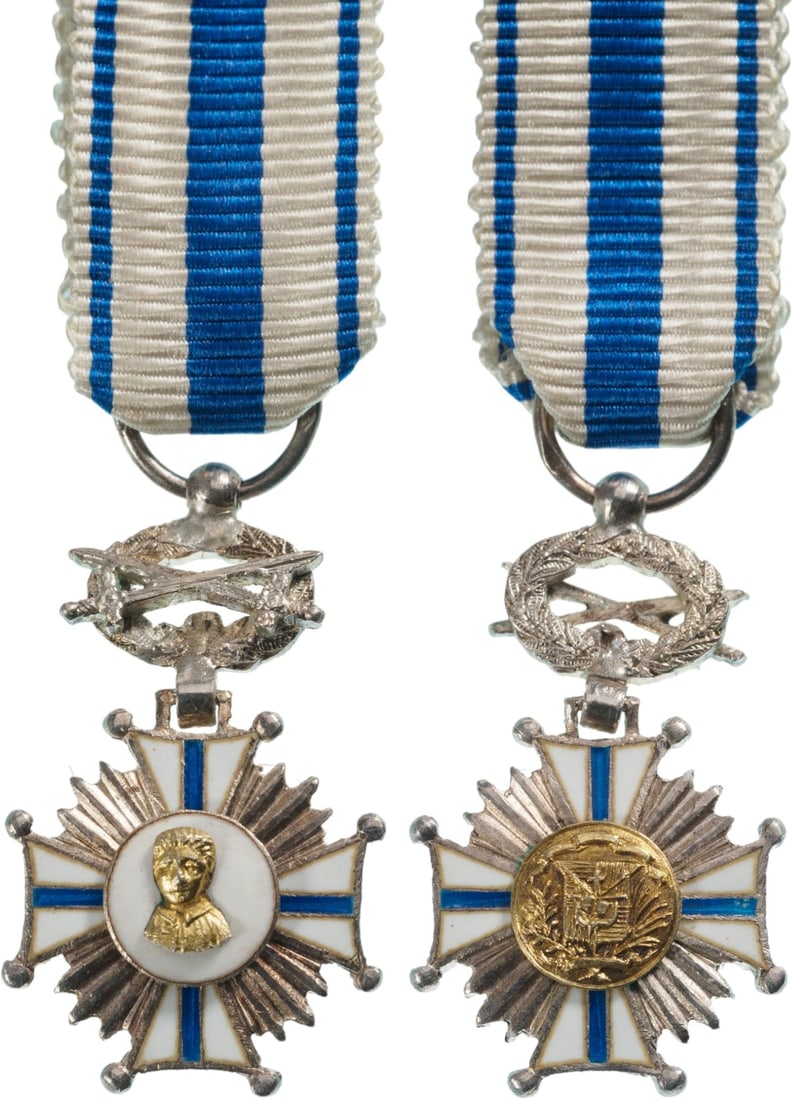 ORDER OF JUAN PABLO DUARTE: Knight's Cross Military, instituted in 1931. Breast Badge Miniature, 24x14 mm, Silver, central medalion Silver and gilt, enameled, original suspension device and ribbon. Rare! I R!
