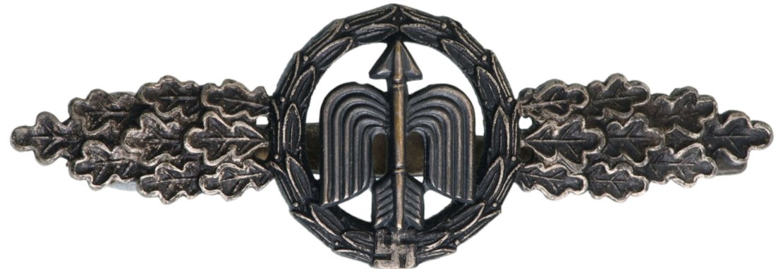 Luftwaffe Frontflugspange Close-Nachtjager / Short Range Night Fighter Badge: Silver Badge. Breast Badge, 75x25 mm., Tombac, maker's mark "RK", original pin on reverse. Superb condition! I