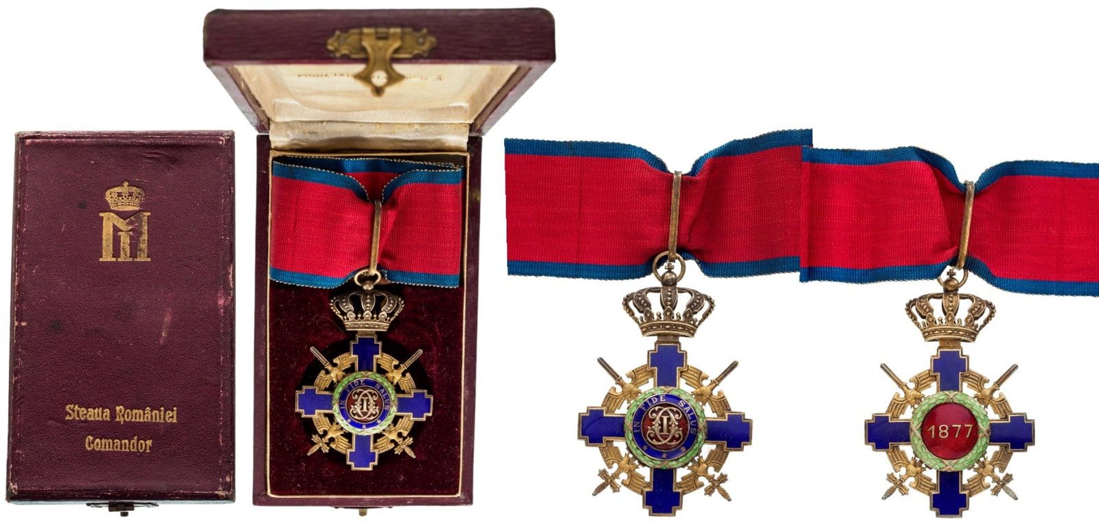 ORDER OF THE STAR OF ROMANIA, 1864: Commander`s Cross, 2nd Model (1938), for Military. Neck Badge, 75x51 mm in gilt Silver, maker's mark "BW - Bruder Weiss", enameled, with original suspension ring, loop and ribbon. Obverse medallion wi