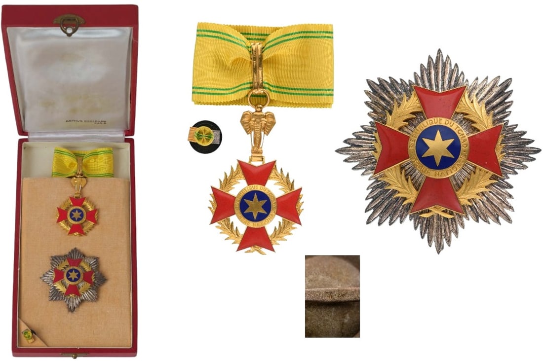 National Order: Grand Officer's Set, instituted in 1960. Neck Badge, 71x43 mm, gilt Bronze, one side enameled, original suspension device and long complete ribbon. Breast Star, 71 mm., silvered, maker's mark "AB - Ar