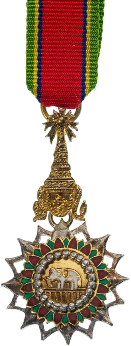 ORDER OF THE WHITE ELEPHANT: Knight's Cross, 2nd type, Instituted in 1861. Breast Badge, 36x20 mm, Silver and gilt Silver, enameled, original supension device and ribbon. I