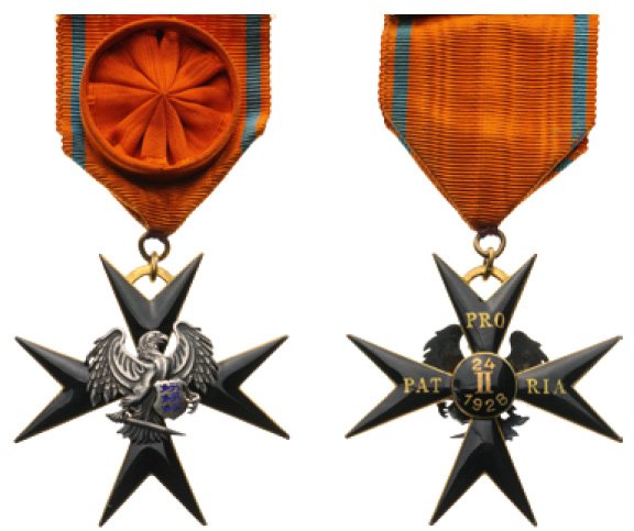 ORDER OF THE BLACK EAGLE: Country: ESTONIA Officer's Cross. Breast Badge 47 mm silver gilt enamelled superimposed parts silver enamelled original suspension ring and ribbon with rosette. A rare and beautiful order in perfect c