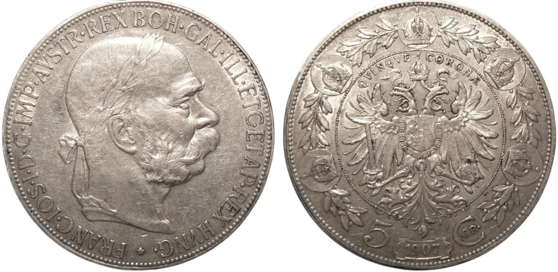 Franz Joseph (1848-1916), 5 Corona 1907, Vienna: Silver, 24.02 g. Her. 770. XF