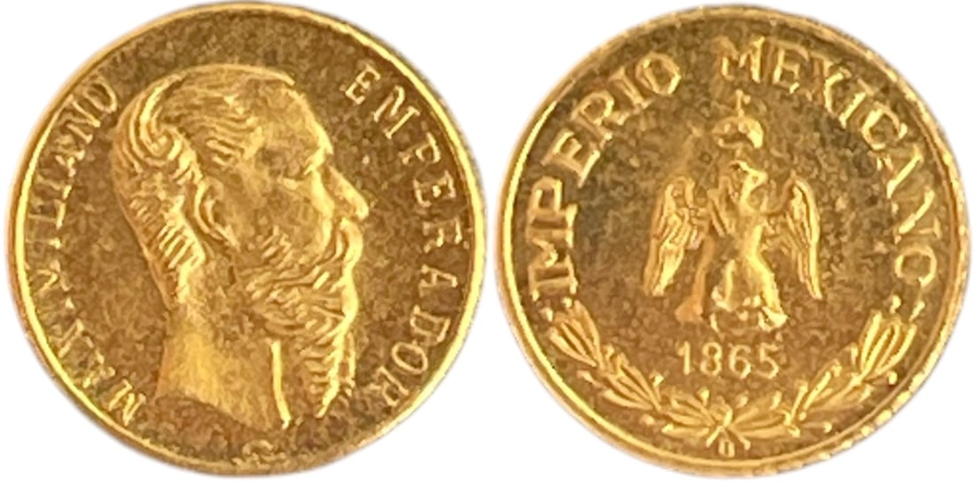 Gold Wedding Token "Emperador Maximiliano - Imperio Mexicano" 1865 B: Gold (.916) 0.50 g., 10 mm. Bust of Emperor Maximilian right MAXIMILIANO IMPERADOR / Mexican Eagle and the year. IMPERIO MEXICANO 1865 B, N# 314716. UNC