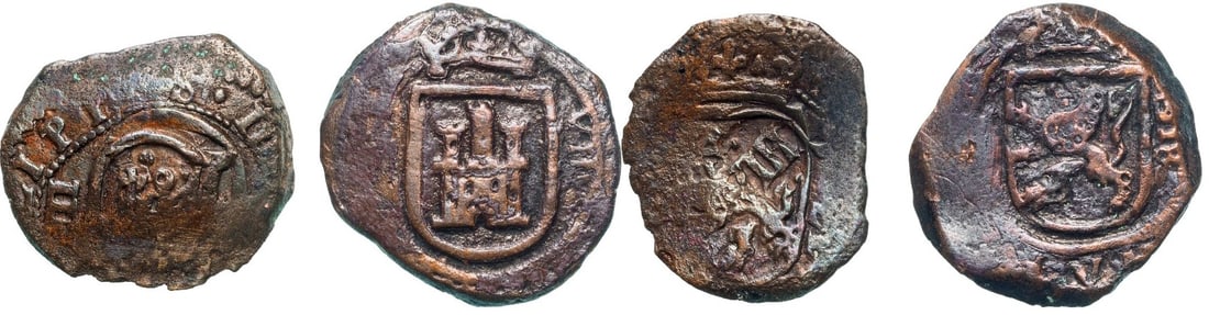 Lot of 2 coins: Philip III (1598-1621) 8 Maravedis 1618; Maravedis Cob 164. VF (2)