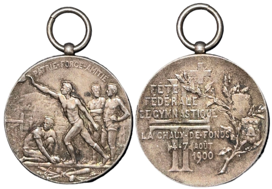 Federal Gymnastic Festival La Chaux des Fonds, 1900: Signed H. Bopp, Silver (35 mm, 24.34 g), original suspension ring. XF+