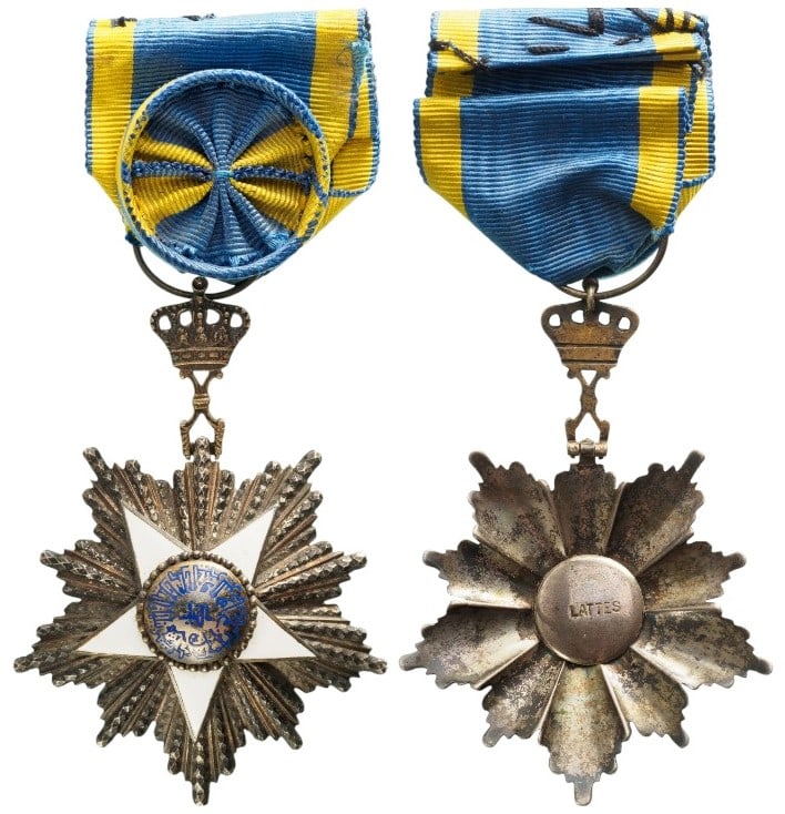 ORDER OF THE NILE: Officer's Cross, 4th Class, 1st Type, instituted in 1915. Breast Badge, 72x53 mm, Silver, superimposed parts enameled, maker`s mark "LATTES", with original suspension crown and ribbon with rosette. A 