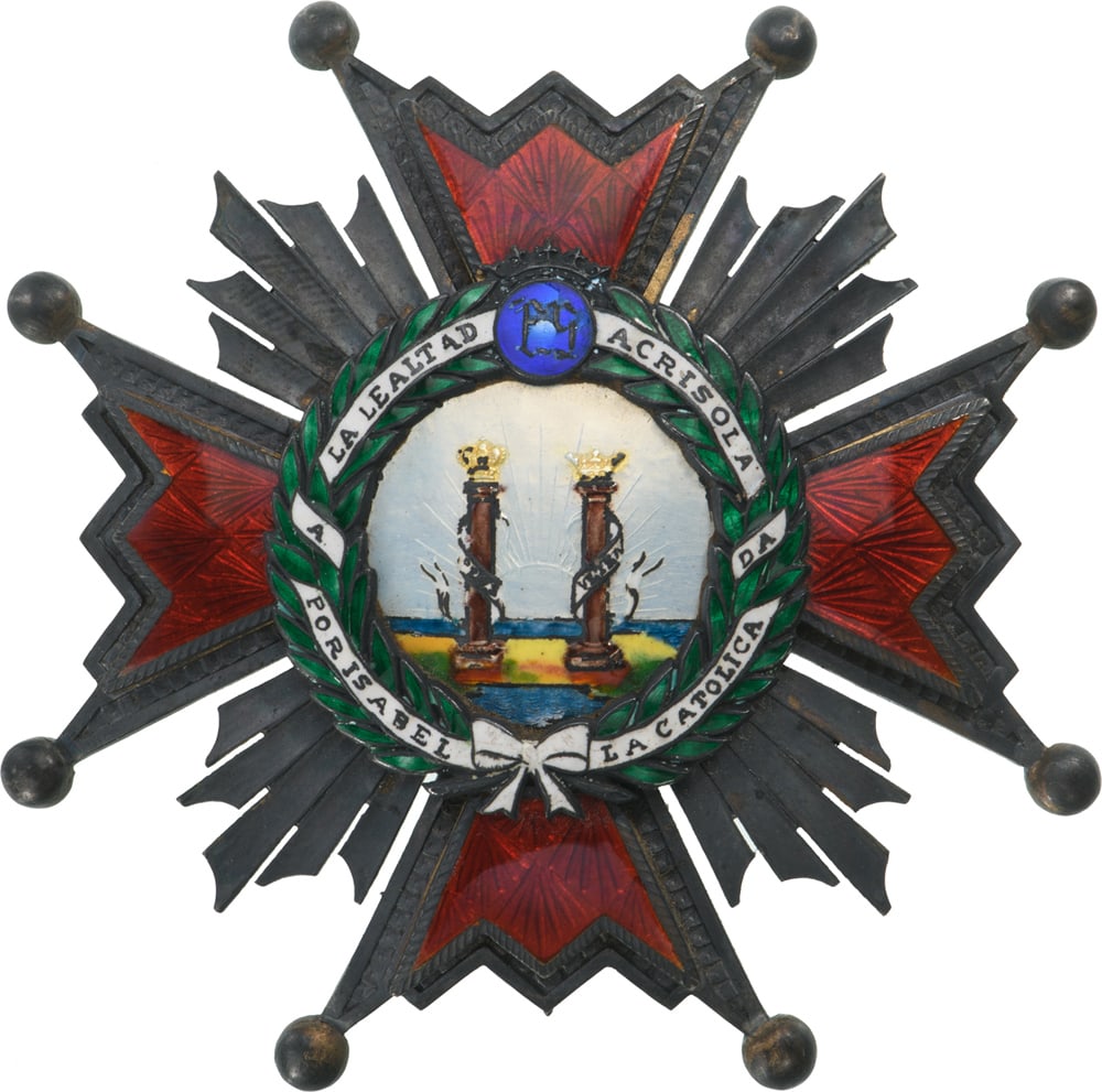ORDER OF ISABELLA THE CATHOLIC: Grand Officer Breast Star, 70 mm, partially gilt Silver, obverse enameled, central medalion Silver, enameled, vertical pin and two side hooks on the back. A superb star in perfect condition! I