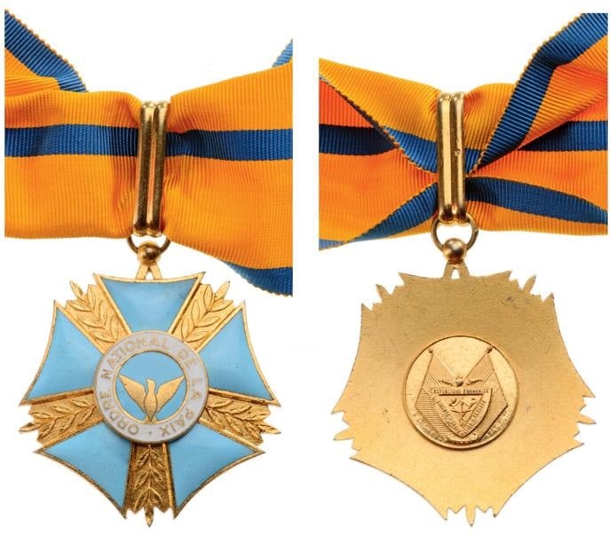 NATIONAL ORDER OF PEACE: Commander`s Cross. Neck Badge, 50 mm, gilt Bronze, maker`s mark of "Arthus Bertrand, Paris", obverse enameled, central medallion gilt bronze, enameled, with original suspension loop and ribbon. I