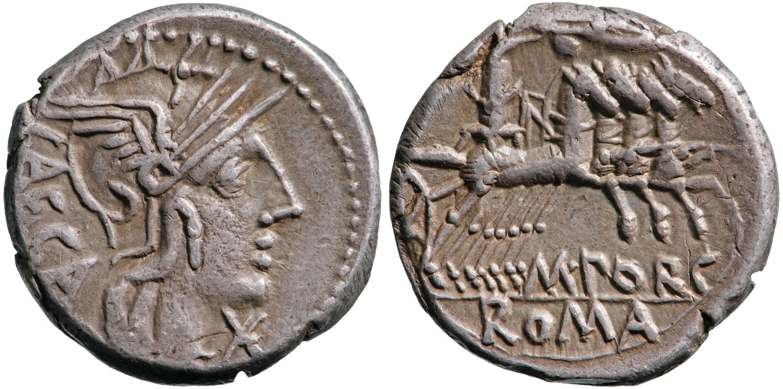 M. Porcius Laeca, Denarius 125 BC., Silver (18 mm, 3,87 g), Rome: Helmeted bust of Roma right, XVI monogram before, LAECA behind / Libertas driving quadriga right, holding pileus in right hand, Victory flying left, crowning Libertas, M. PORC below, ROMA in exergue. 
