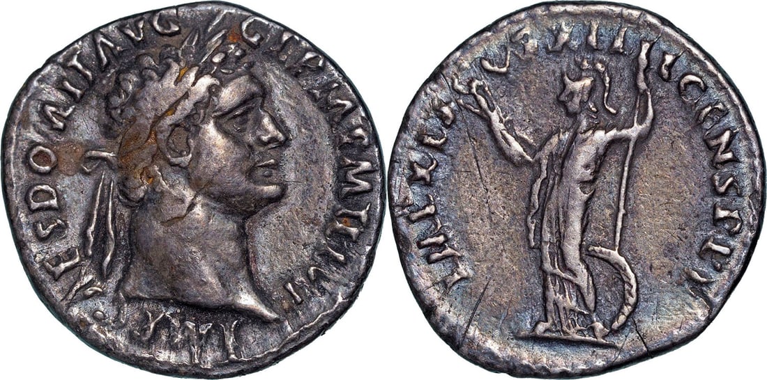 Domitianus (81-96 AD) Denarius, Silver (18 mm, 2.90 g) Rome 90-91: IMP CAES DOMIT AVG GERM P M TR P X, laureate head to right / IMP XXI COS XV CENS P P P, Minerva standing to left, wearing crested helmet, holding thunderbolt and spear with shield at feet. RIC II.1 50
