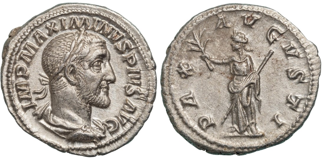 Maximinus I (235-238) Denarius, Silver (20mm, 3 g), Rome mint, AD 235-236: IMP MAXIMINVS PIVS AVG, laureate, draped and cuirassed bust to right. Rev.: PAX AVGVSTI, Pax standing facing, head to left, holding branch in raised hand and transverse sceptre. RIC IV 12. XF+