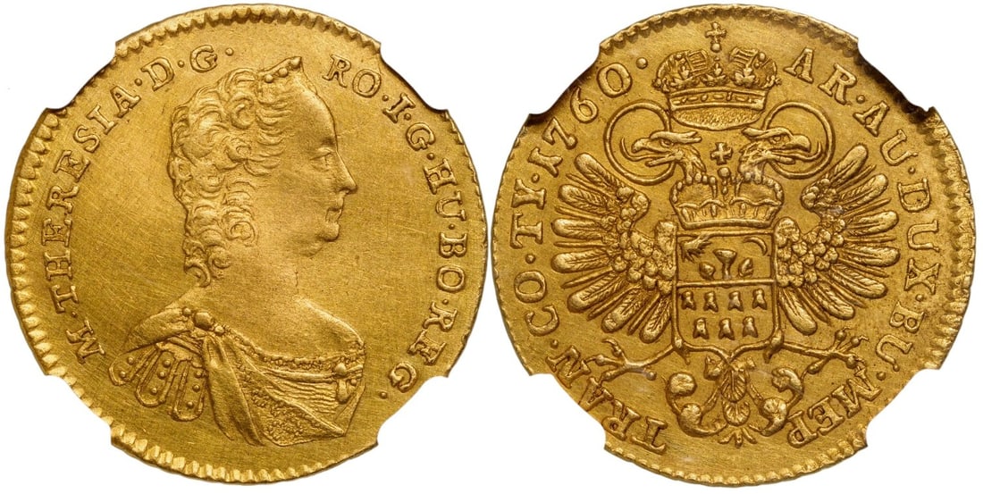 Maria Theresa (1740-1780). Ducat 1760, Karlsburg (Alba Iulia) mint: GOLD. Fr. 543, KM 610, NGC AU details R!