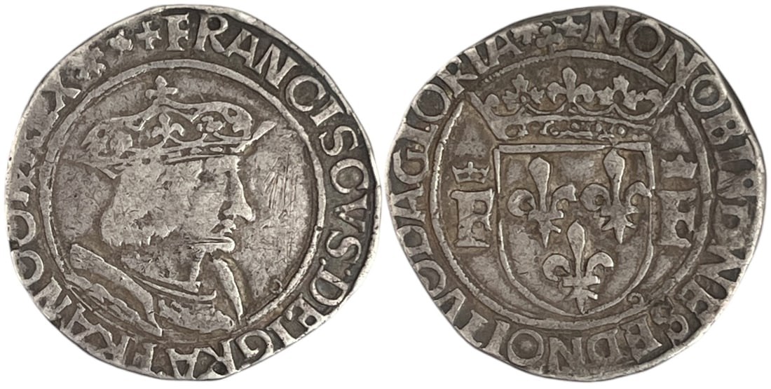 François I, Le Pere et Restaurateur des Lettres (the Father and Restorer of Letters), (1515-1547).: Silver, 9.21 g., trefoil and point under 12th letter. Capped and crowned bust right / Crowned coat-of-arms; crowned F's flanking. VG 287A; Duplessy 810; Ciani 1110. Deep and iridescent patina, a super
