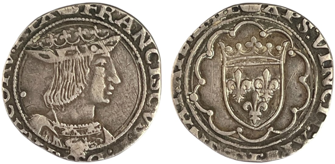 François I, Le Pere et Restaurateur des Lettres (the Father and Restorer of Letters), (1515-1547).: Silver, 3.82g., point under 18th letter. Capped and crowned bust right / Crowned coat-of-arms within polylobe, pellets at cusps. Duplessy 795; Ciani 1133. Toned Deep and iridescent patina! VF+