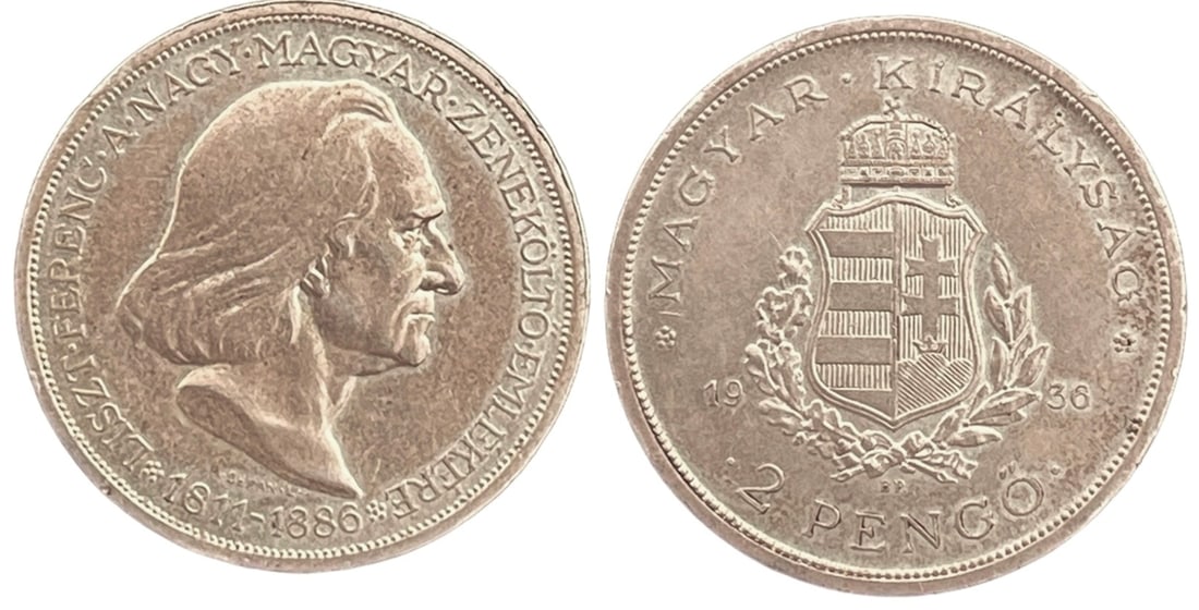 Nicolas Horthy (1920-1944) 2 Peng? 1936: Silver, 9.97 g., KM.?515, eH. 1514, H.?2264, Adamo. ?P7.3. UNC!