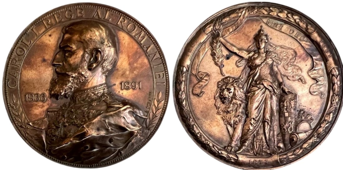 Carol I - Jubilee of Reign Medal 1866-1891: Medal 1891, signed A. Scharff, Bronze, 64 mm, 99,73 g. Brilliant Uncirculated!