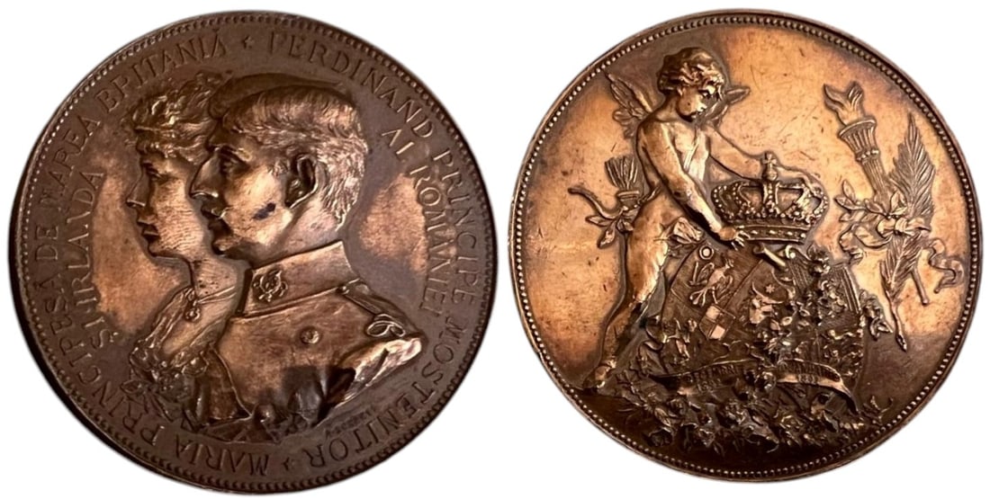 Carol I - Marriage Between Prince Ferdinand of Romania and Maria Princess of Great Britain: Medal 1893, signed by A. Scharff, Bronze, 50 mm, 58,36 g. XF
