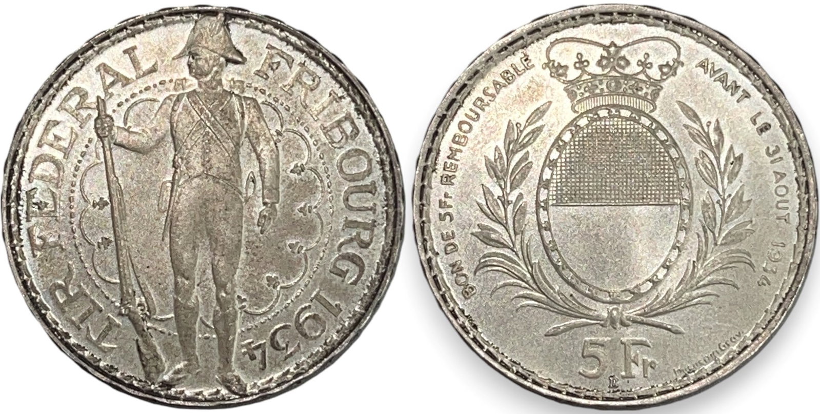 5 Francs 1934 Fribourg Shooting Festival: Silver, 14.99. HMZ 2-1345. A splendid coin in mint state!