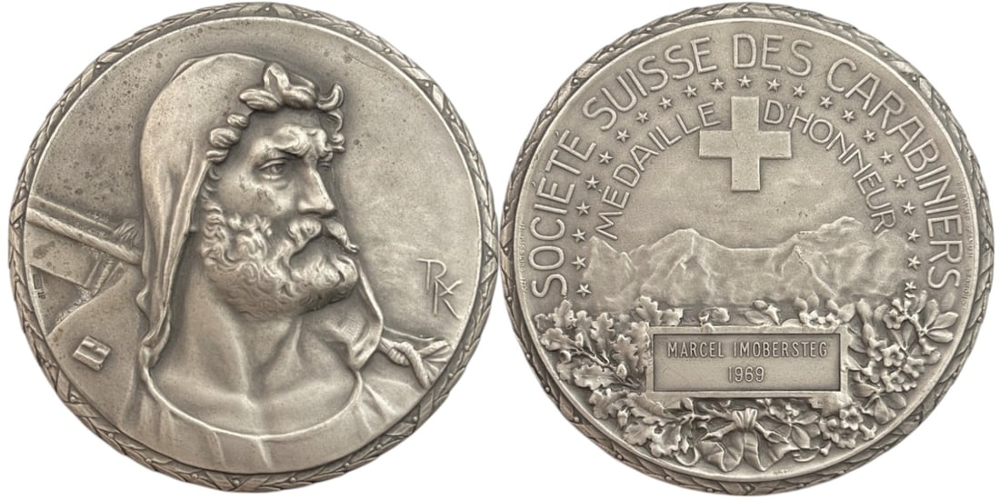 Honour Medal from the Swiss Carabiniers Society, 1969: Silver, 66 mm., 153.44 g. Signed by H. Kissling. UNC