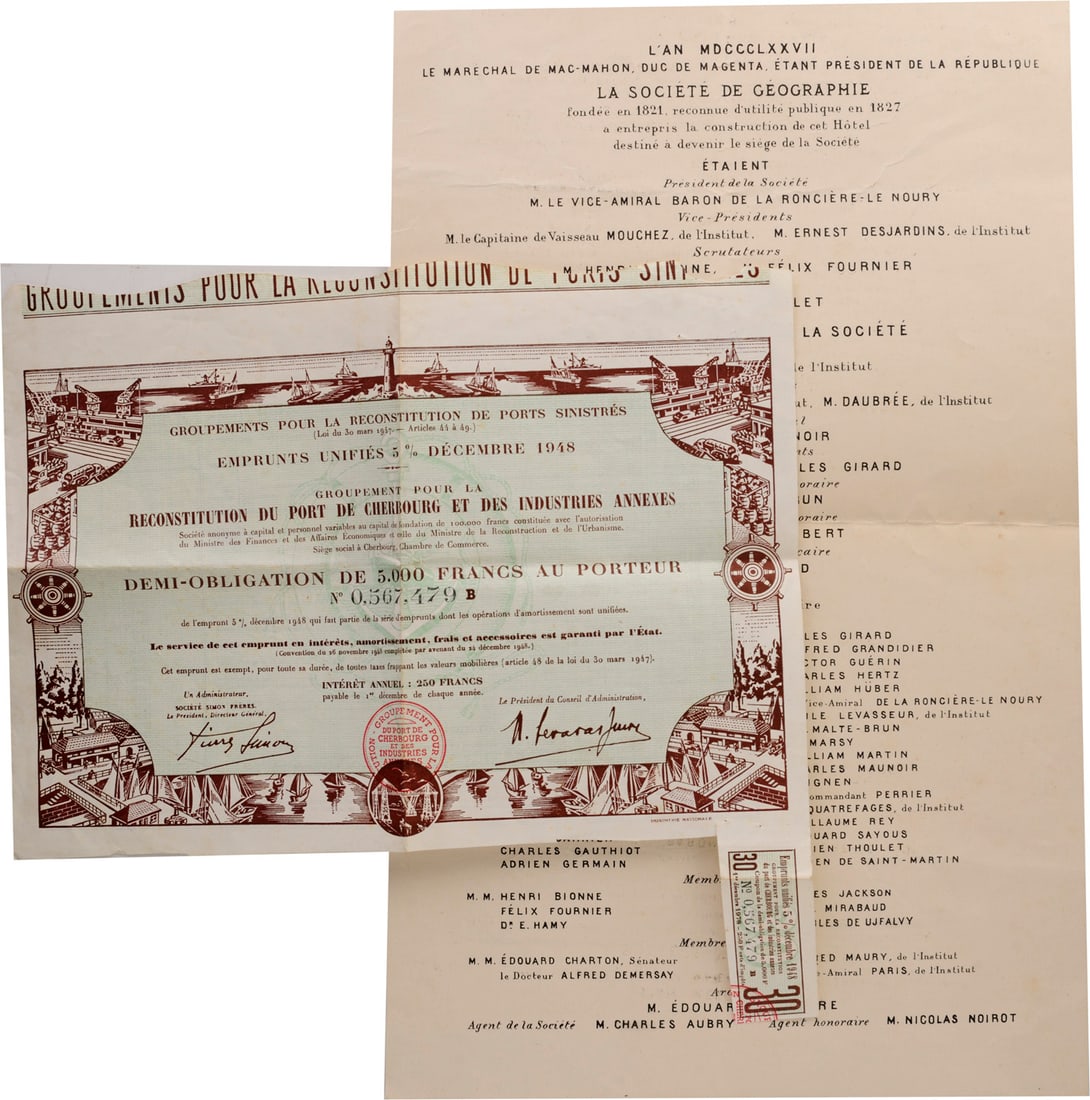 Bonds and Shares and Documents: Lot of 2. Half- Bond of 5000 Francs, dated 1948, 271x198 mm, for the reconstruction of the Cherbourg harbour, strongly damaged during "The Battle of Cherbourg", the 6th June 1944, Document, dated 1877