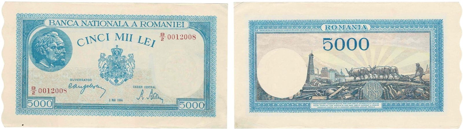 5000 Lei (28.9.1943 - 2.5.1944 - 22.8.1944), dated 2nd of May 1944 (1 of 1)