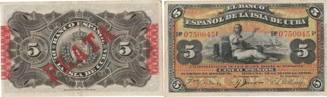 Spanish Bank of the Island of Cuba, 5 Pesos, 15 May 1896: Pick 048b. UNC-