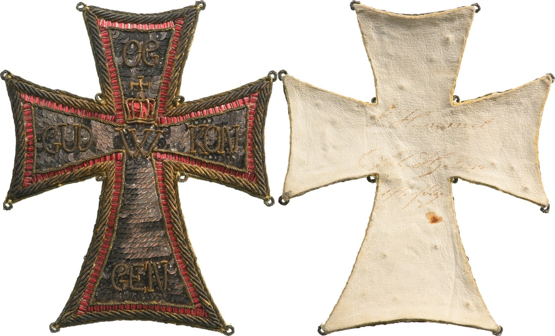 Order of Dannebrog: Grand Officer's Star, 2nd Class, instituted in 1671. Breast Star, 90x70 mm, embroidered in GOLD wire, Silver and GOLD sequins, red colored Silver ribbing, all superimposed on Silver rays embroidered i