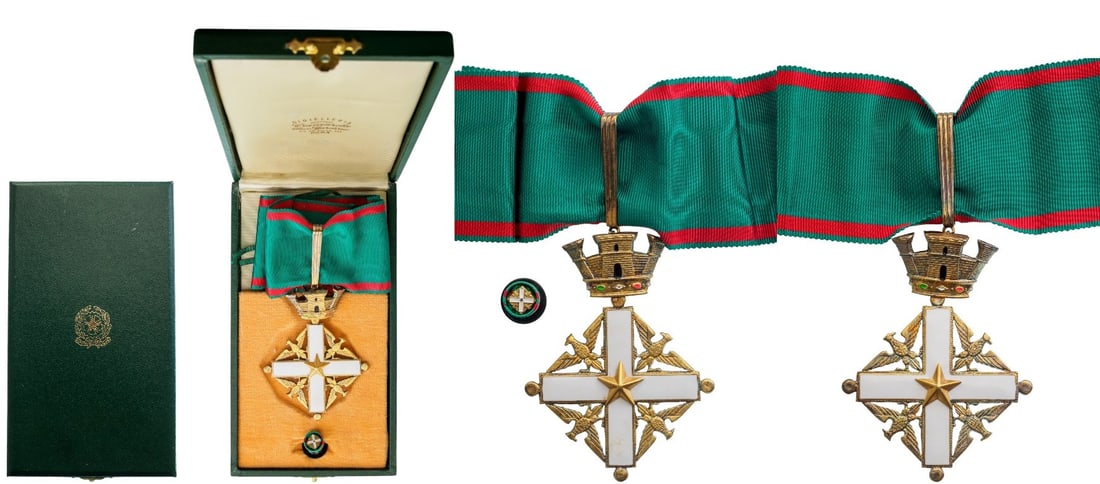 ORDER OF MERIT OF THE ITALIAN REPUBLIC: Commander's Cross, 3rd Class, instituted in 1951. Neck Badge, 75x57 mm, gilt Silver, both sides enameled, both central medallions gilt, original suspension loop and ribbon, in case of issue by "Cravan