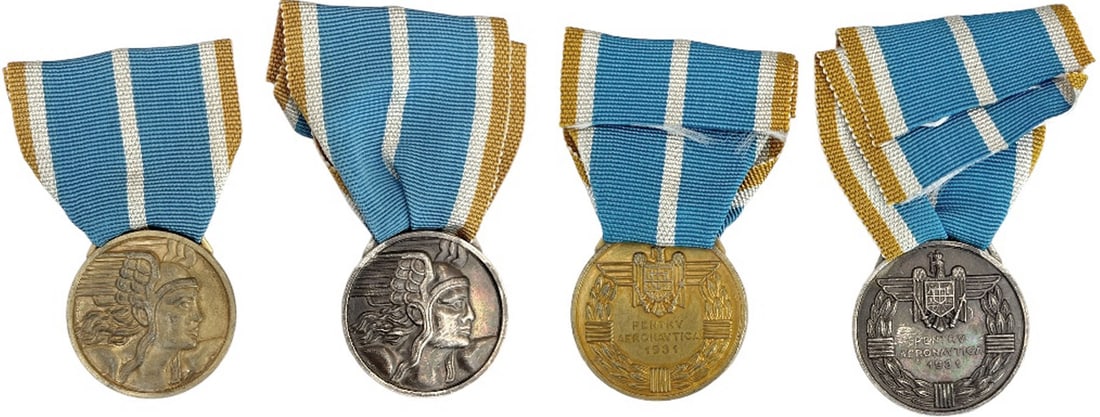 The "Aeronautical Virtue" Medal, Civil: Set 1-2 Classes. Breast Badges, 32 mm, gilt Bronze and silvered Bronze, original rings and ribbons. (2) Rare set! I R!