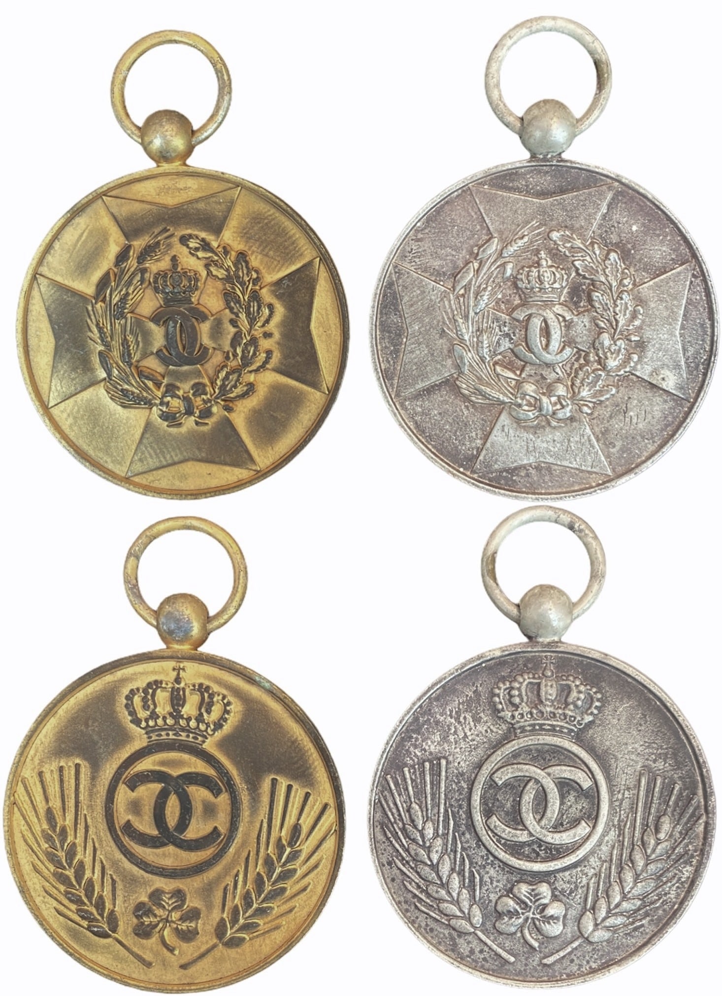 Medal of Agricultural Merit, 1st Model, Set 1-2 Classes, instituted in 1932: Set 1-2 Classes. Breast Badges, 34 mm, gilt Silver and Silver, original suspension rings. Rare! I R!