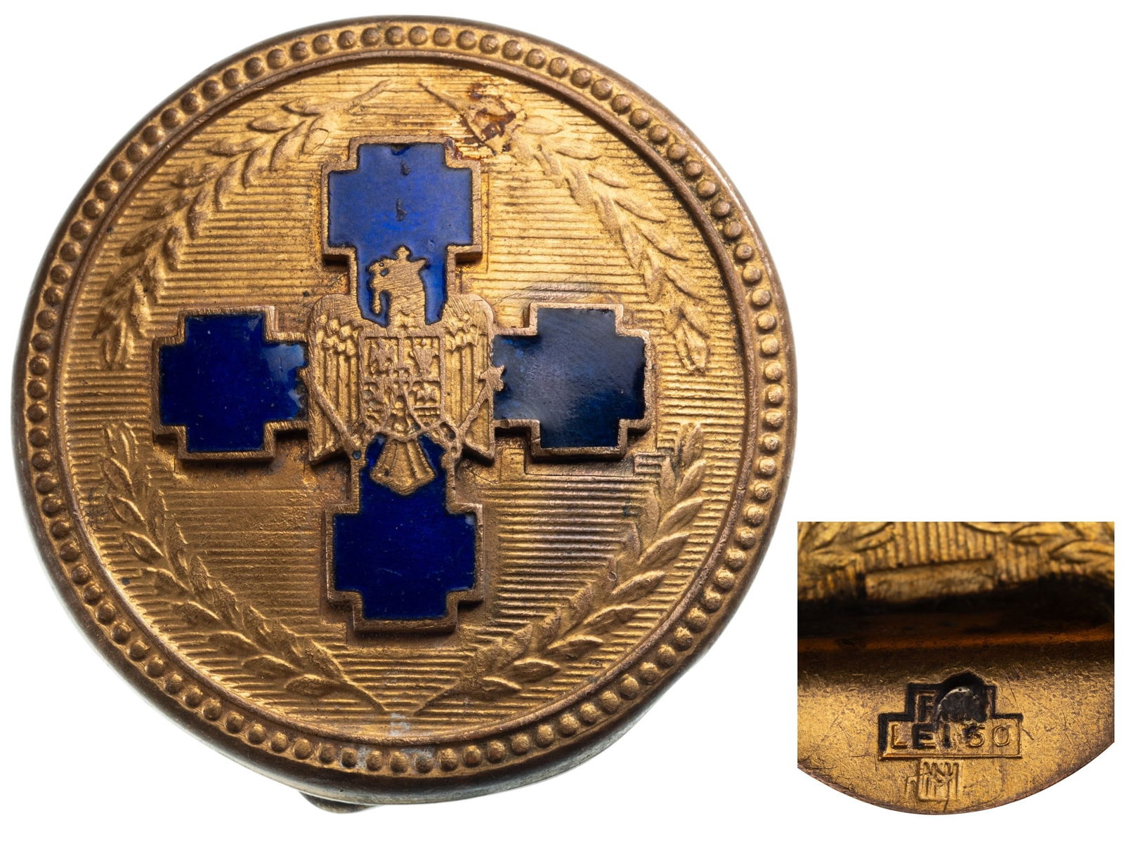 The National Renaissance Front (1938), Buckle Belt: Belt Buckle, 52 mm., gilt Copper, maker's mark and price "60 Lei", enameled, fixation pin on reverse. Scarce! I R!