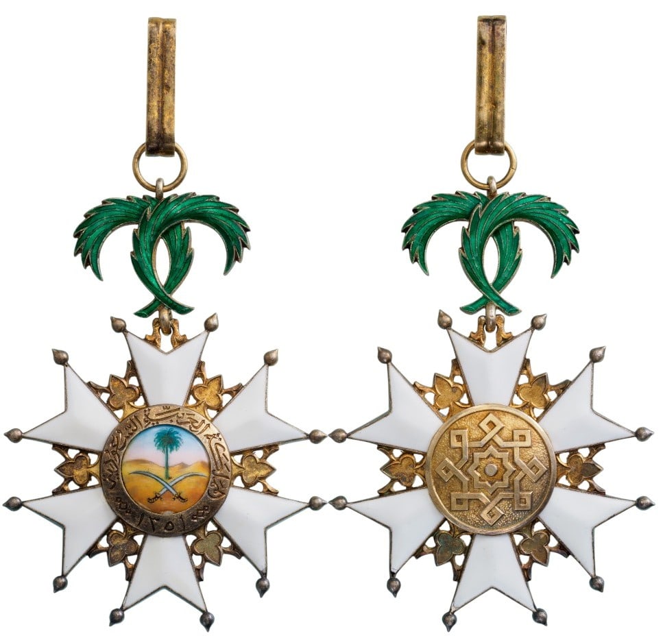 Order of Abdul Aziz, 2nd Type 1964 - 1971: Commander's Cross, instituted in 1964. Neck Badge, 57 mm, gilt Silver, both sides enameled, original suspension palms, ring and loop. A superb order of high jeweller's quality in extremely fine condit