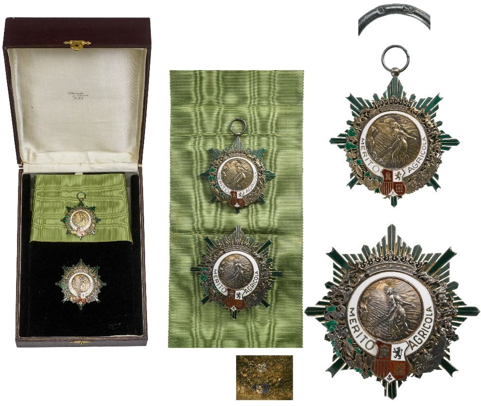 The Order for Agricultural Merit: Grand Cross Set, 1st Class, instituted in 1905. Sash Badge, 63x59 mm, partially gilt Silver, multipart construction, superimposed parts gilt Silver, enameled, original suspension ring and uncut sash. 