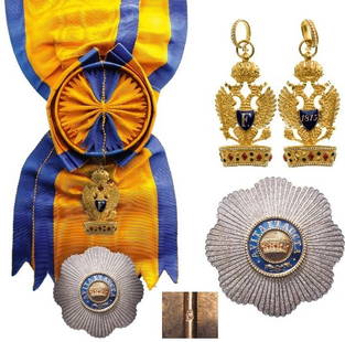 The Imperial Austrian Order of the Iron Crown: 1st Class (Grand Cross) Set from ca. 1830. Sash Badge, 70x36 mm, GOLD with most finely chiselled details, the double eagle’s breast and back, charged with the night-blue enameled shields with “F.&