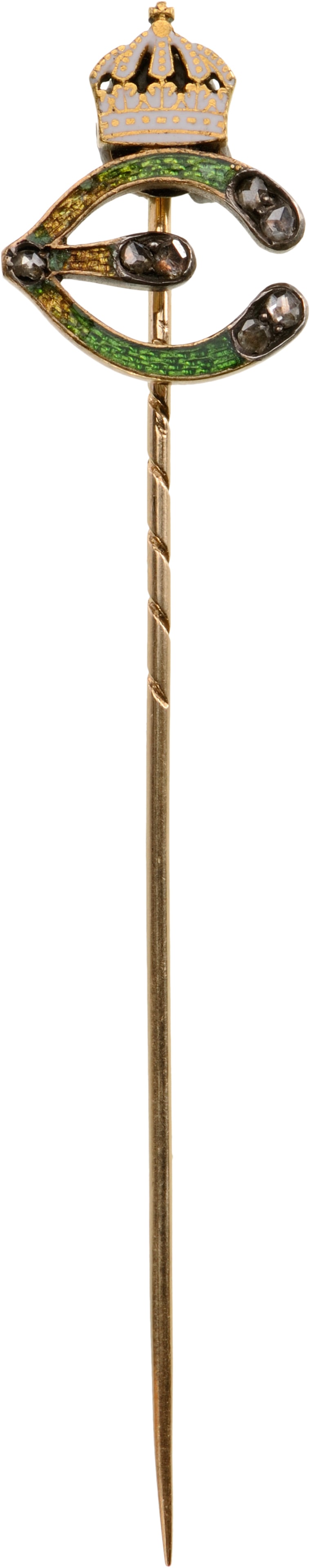 Royal Family’s Honour Gift of Princess Eudoxia of Bulgaria: Breast Badge, 19,8 x 16 mm., GOLD, green enameled “E”, set with Diamonds, surmounted by the Royal, Bulgarian crown, this, with white enameled details, with golden, vertical pin.An extremely ra