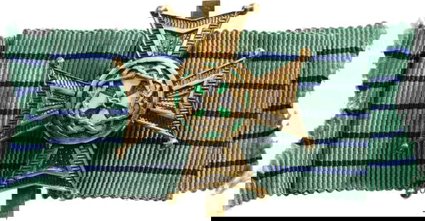 Cross of Honor for Merit (1937): 3rd Class for Ladies by "Da Costa, Lisboa". Breast Badge,, 38 mm gilt Metal, medallion enameled, with pin on reverse and original ribbon. Very rare order of the period of exile of King Carol II, in su