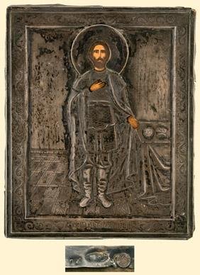 Russian icon of SAINT ALEXANDER NEVSKY: Country: RUSSIA "Russian icon of SAINT ALEXANDER NEVSKY tempera on wood with silver oklad Alexander was the Prince of Novgorod from 1236 to 1251 and Prince of Tver from 1247 to 1252. From 1252 on he w