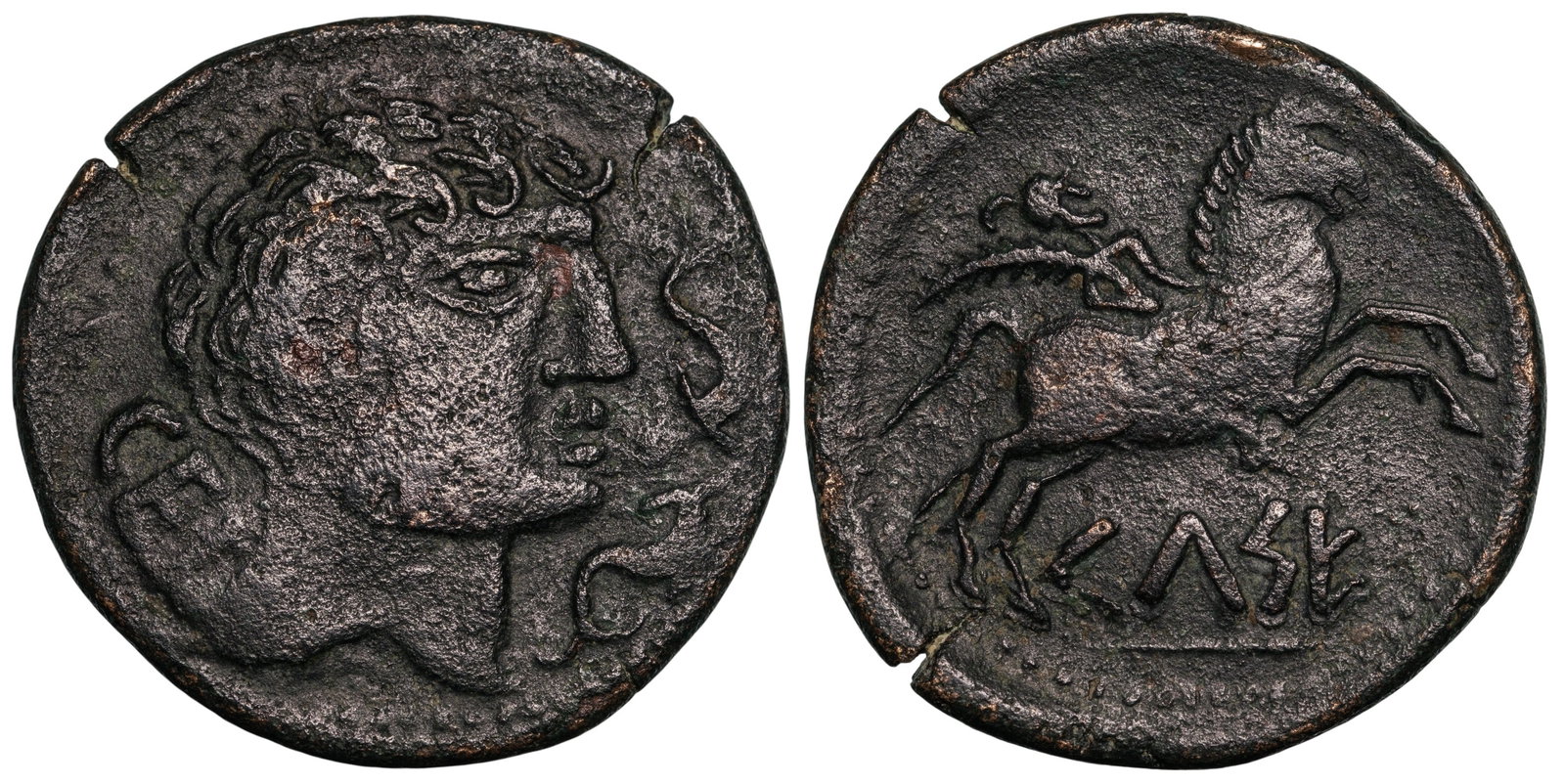 IBERIA, Kelse, AE As (17.6 g., 33 mm.), Circa 143-100 B.C.: Male bust right, three doplhins around / Warrior on horseback right, holding palm, Iberian inscription "KELSE" in exergue. ACIP-1482, CNH-11. A superb coin on very large flan, with dark green patina! 