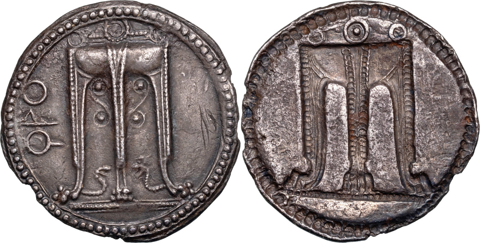 BRUTTIUM, Kroton. Circa 530-500 BC., Stater: Silver, 38 mm, 7.60 g. ϘΡΟTripod with legs ending in lion's feet, and with three handles and snakes rising from the bowl; around, cable border / Same type as the obverse, but incuse and