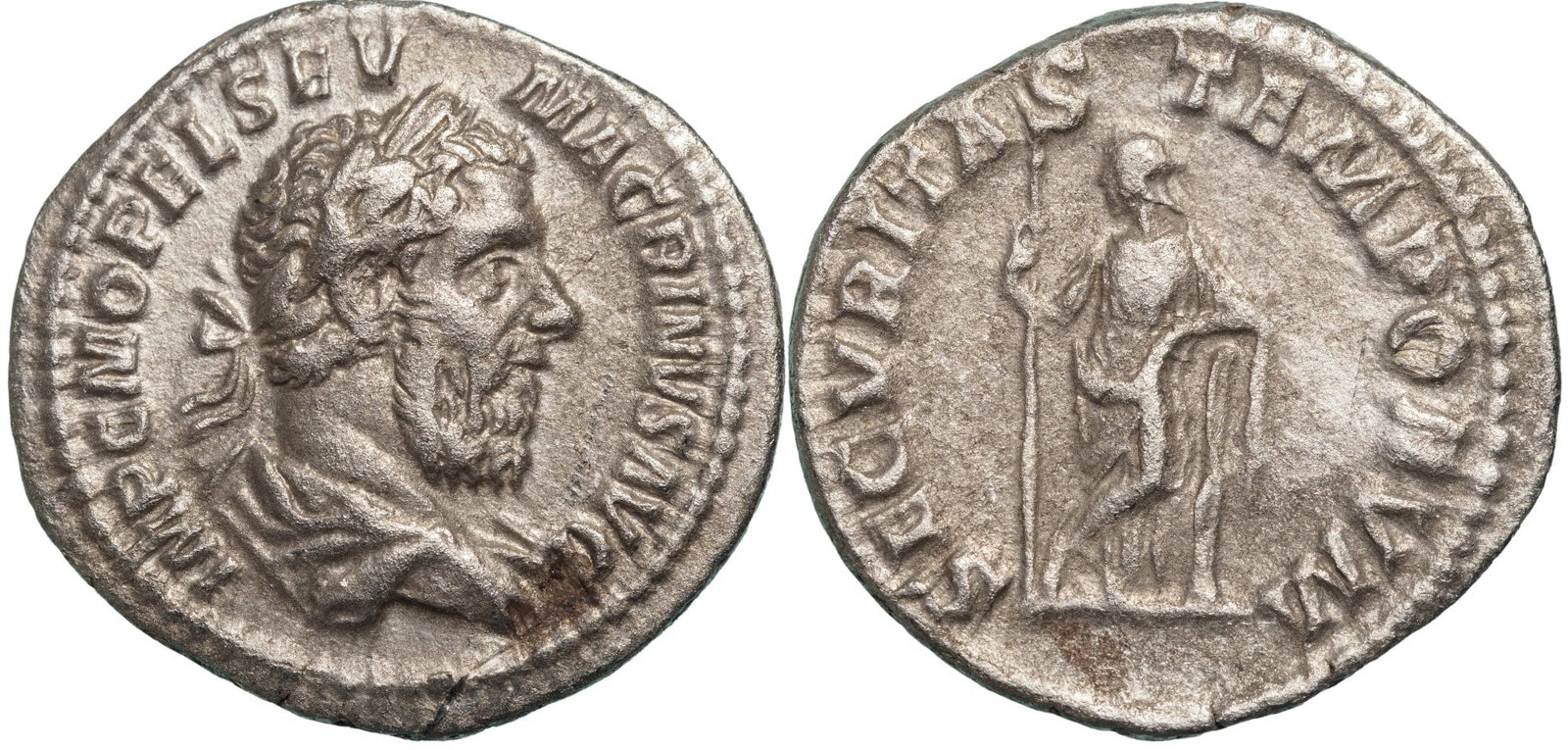 Macrinus (217-218) Denarius, Silver (19 mm, 2.7 g), Rome mint, AD 217: IMP C M OPEL SEV MACRINVS AVG, laureate and cuirassed bust to right/ SECVRITAS TEMPORVM, Securitas standing facing, head to left, holding sceptre and leaning upon column to right. RIC IV 91. XF-