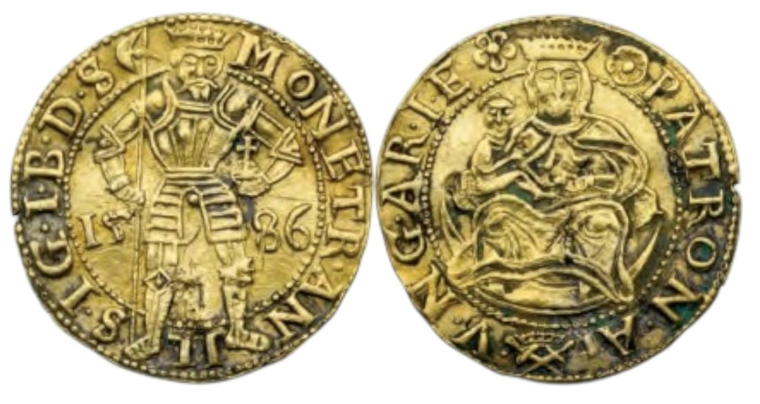 Sigismund Bathory (1581–1602)Ducat 1586, Hermannstadt (Sibiu) mint, Contemporary counterfeit: Gilt Silver, 3.25 g., Resch 21, Huszar 105. XF Scarce! R!