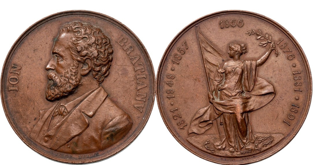 Carol I - Homage to Ion Bratianu: Medal 1891, signed by Telge, Berlin, Bronze (50 mm, 50.1 g). XF