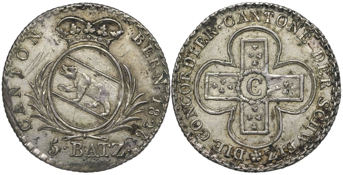 Bern, 5 Batzen 1826: Silver, 3.95 g. HMZ 2-234g. XF