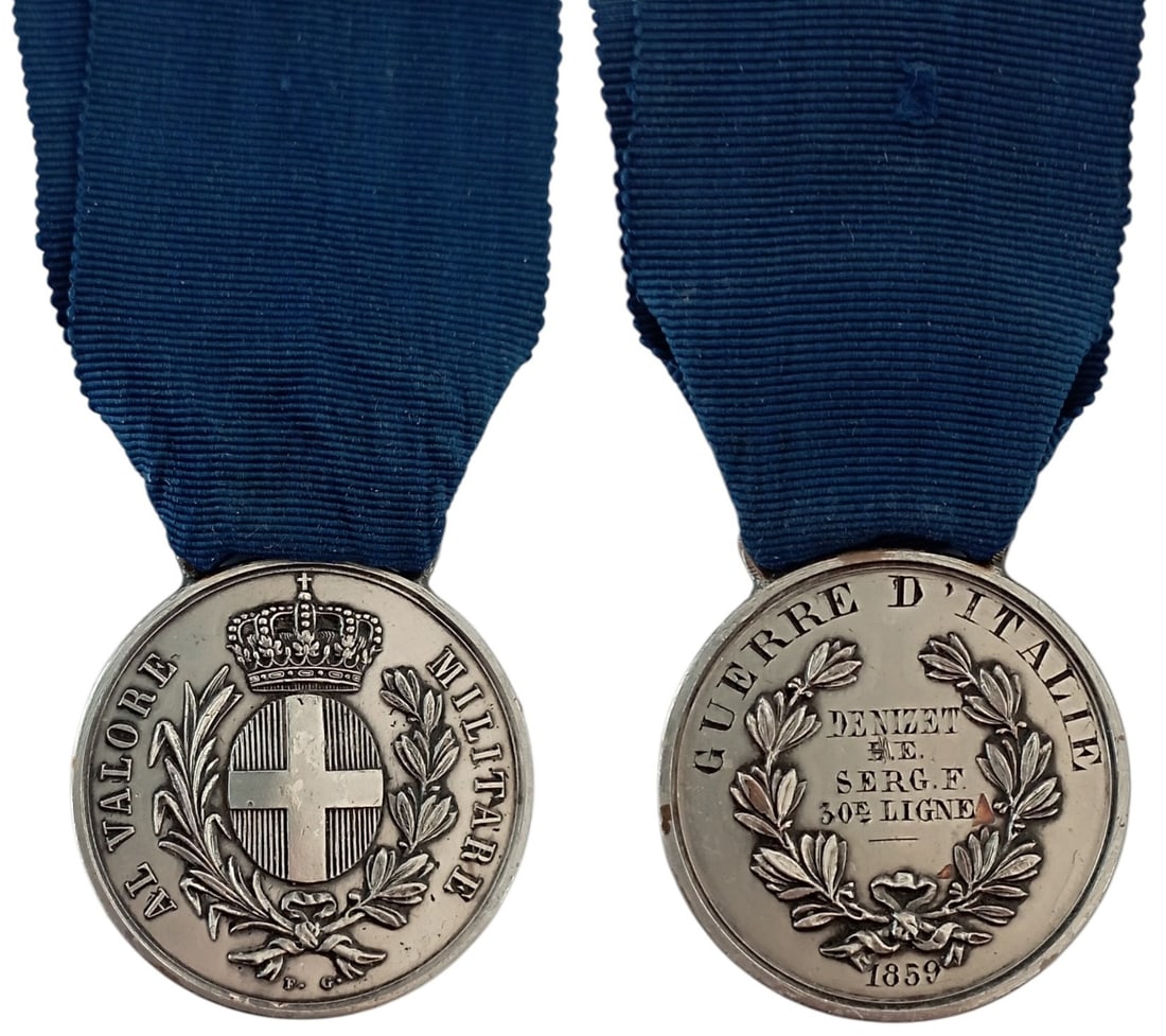 Medal for Military Valour, "AL VALORE MILITARE": Breast Badge, 33 mm, Silver, maker's mark "F.G.", named to "Denzet H.E. Serg. F. 30e Ligne - GUERRE D'ITALIE", original suspension ring and ribbon. Extremely fine (minor scratch) and rare! I- R!