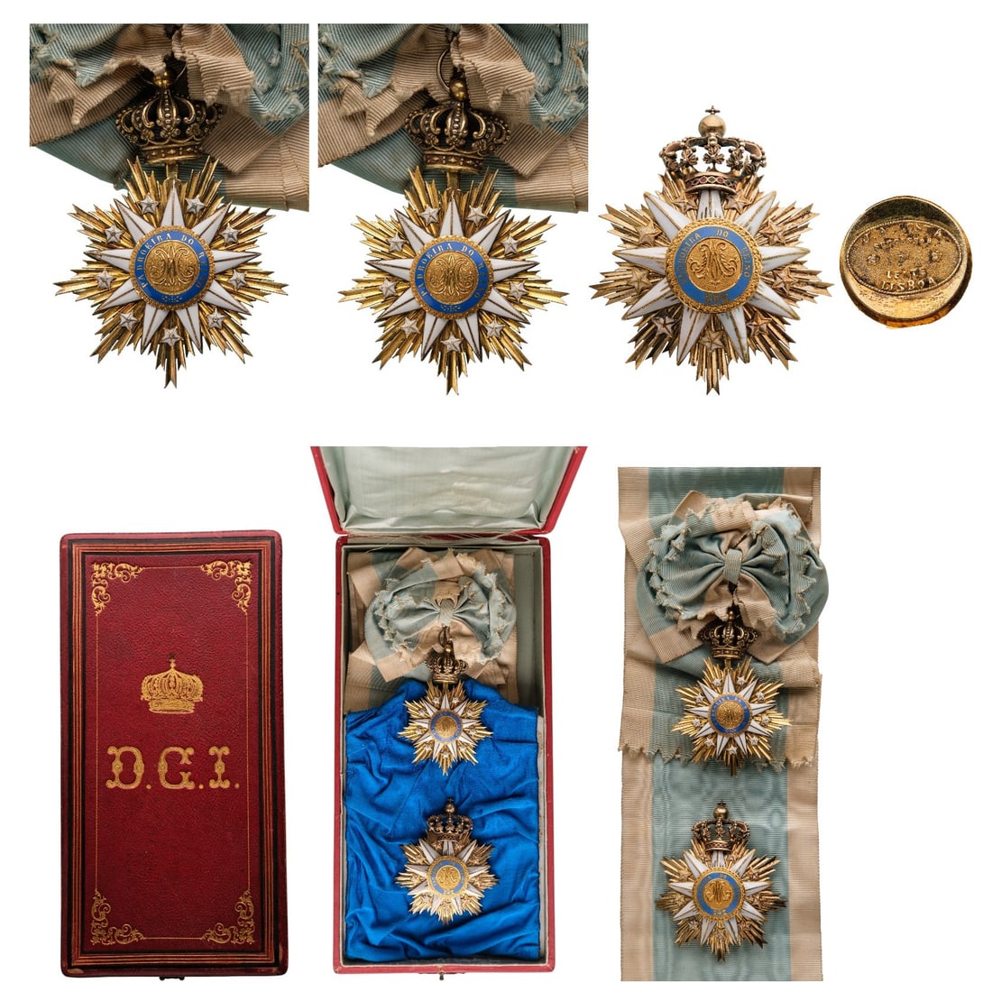 Order of Our Lady of Villa Vicosa: Grand Cross Set, instituted in 1818. Sash Badge, 87x60 mm, gilt Silver, both sides enameled, original loop and sash. Breast Star, 66 mm, gilt Silver and GOLD, maker's mark "J.A. Costa - Lisboa", super