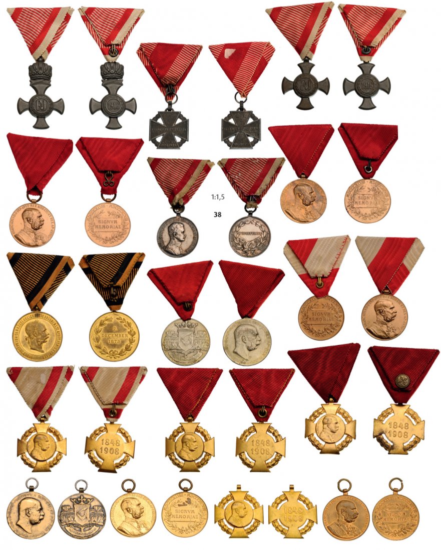 Group of 16 old Austrian Medals and Decorations: Country: AUSTRIA Group of 16 old Austrian Medals and Decorations Jubilee Medal 1898 (5); Jubilee Cross (4); War Medal 1873; Bosnian Medal 1908 (2); Silver Bravery Medal, 2nd Class/Karl; Iron Cross of 