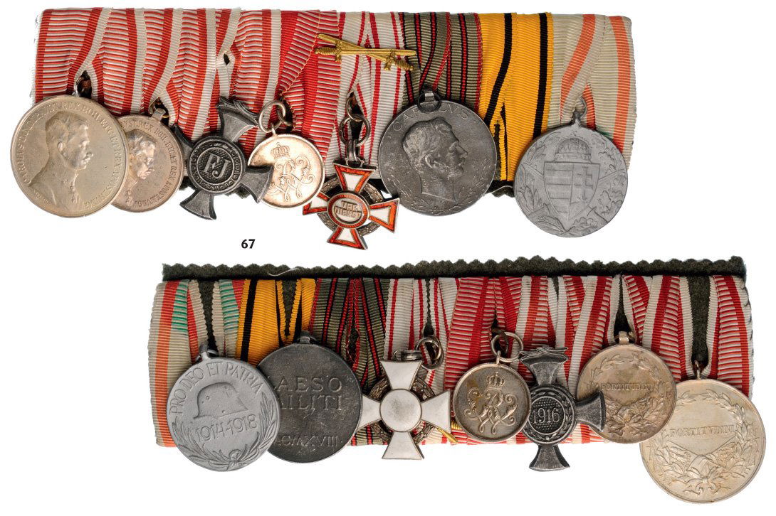 Medal Bar with 7 Decorations: Country: AUSTRIA Medal Bar with 7 Decorations Bravery Medal, 1st Class; Bravery Medal, 2nd Class; Iron Merit Cross (crown is missing); Prussian War Merit Medal; Military Merit Cross, 3rd Class; Wounde