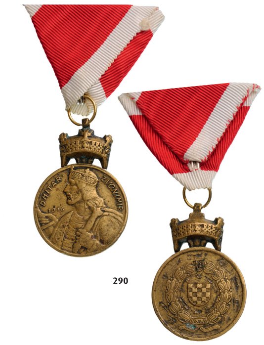 Medal of Merit of the Order of King Zvonimir, 2nd Class: Country: CROATIA Medal of Merit of the Order of King Zvonimir, 2nd Class, instituted in 1941. Breast Badge, bronze, 32 mm, suspension ring and ribbon. II 680 SEK (80 €)