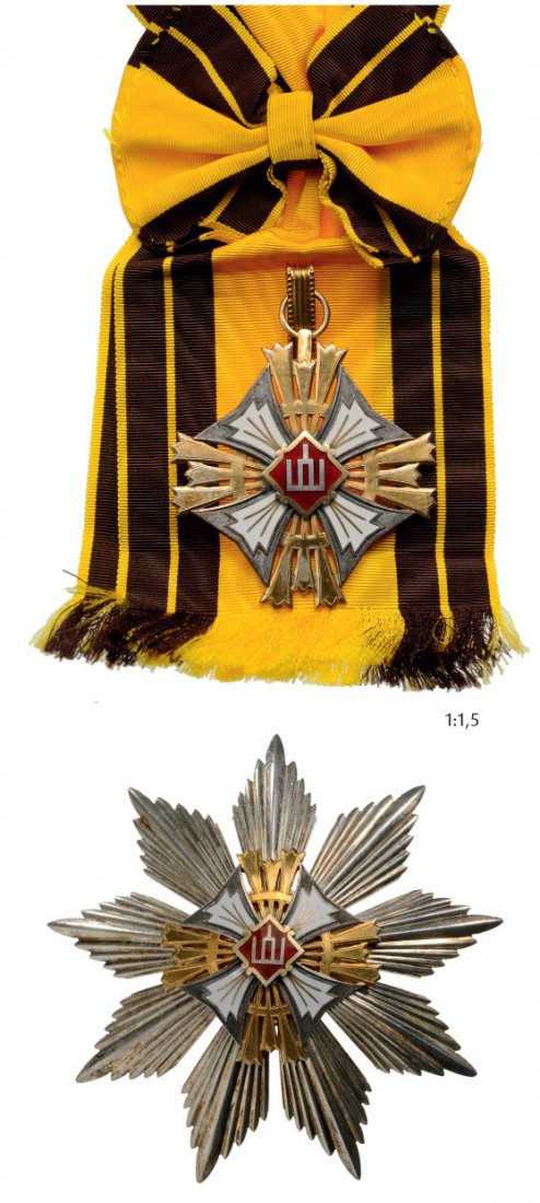 ORDER OF GEDEMINAS: Country: LITHUANIA Grand Cross Set. Sash Badge, silver, silver gilt and white enamel, square center medallion with gilt "Trakai Castle gate" (the coat of arms of Grand Duke Gedeminas) on red enamel, o
